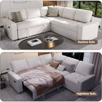 Canapé modulable réversible en L 5 places Dyonery avec lit gigogne, dossier inclinable, ports USB et rangement, montage sans outils