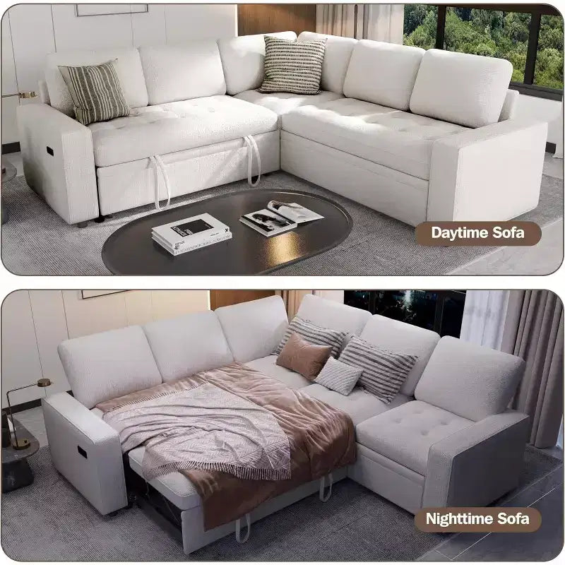 Canapé modulable réversible en L 5 places Dyonery avec lit gigogne, dossier inclinable, ports USB et rangement, montage sans outils