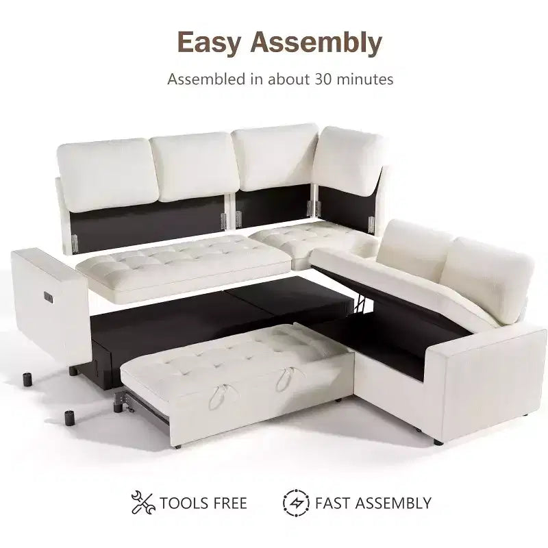 Canapé modulable réversible en L 5 places Dyonery avec lit gigogne, dossier inclinable, ports USB et rangement, montage sans outils