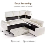 Canapé modulable réversible en L 5 places Dyonery avec lit gigogne, dossier inclinable, ports USB et rangement, montage sans outils
