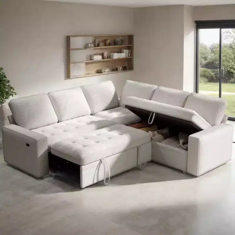 Dyonery 5 Seat L-Shaped Modular Sectional Sleeper Sofa Bed with Pull Out Bed/Reclining Backrest/USB/Storage Seat,Tool-Free Assembly