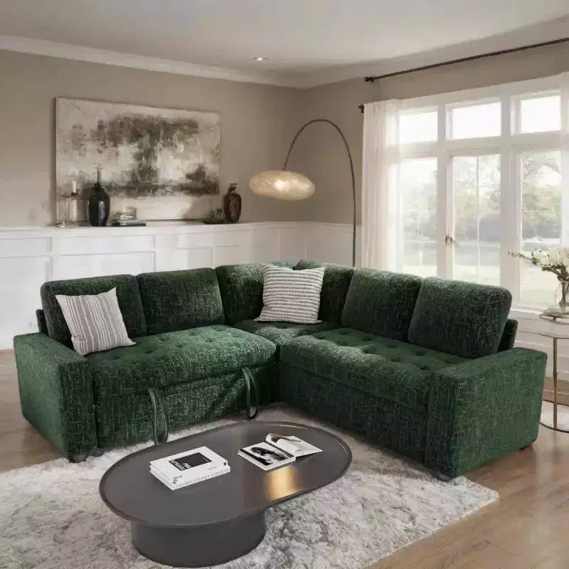 Canapé modulable réversible en L 5 places Dyonery avec lit gigogne, dossier inclinable, ports USB et rangement, montage sans outils