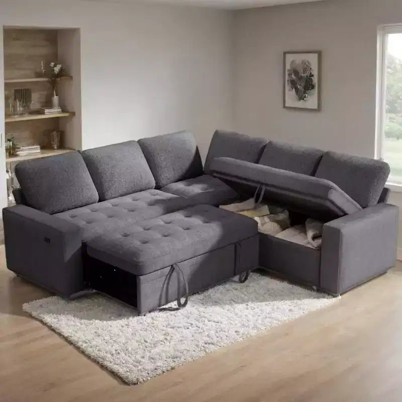 Canapé modulable réversible en L 5 places Dyonery avec lit gigogne, dossier inclinable, ports USB et rangement, montage sans outils