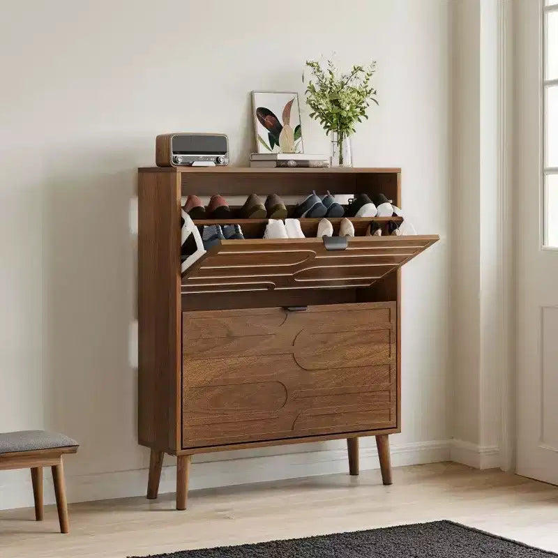 TUYOHW Walnut Shoe Storage Cabinet,Farmhouse Modern Flip-Drawer Shoe Rack with Adjustable Shelves & Anti-Tip Device,31.5/23.62