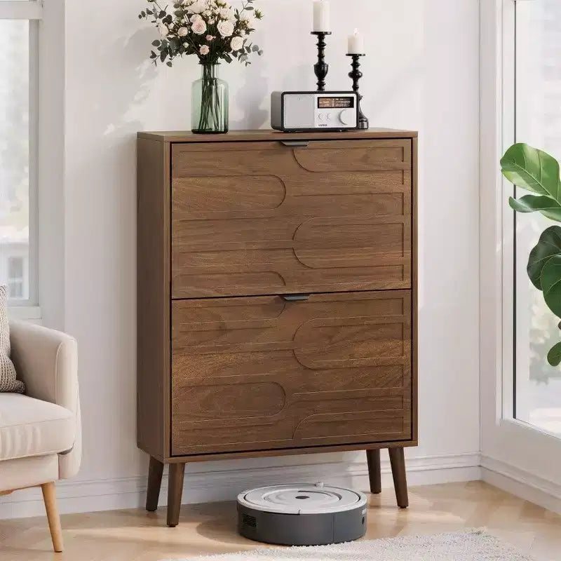 TUYOHW Armoire à chaussures en noyer, Meuble à chaussures moderne style ferme avec tiroirs à abattant, étagères réglables et dispositif anti-basculement, 31,5/23,62