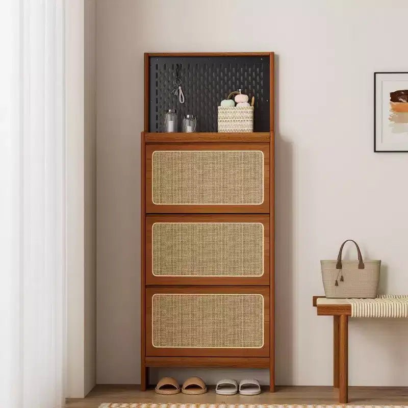 TUYOHW Walnut Rattan Shoe Cabinet with 3 Flip Drawers & Pegboard, 65 Tall Narrow Entryway Storage with Anti-Tip Design