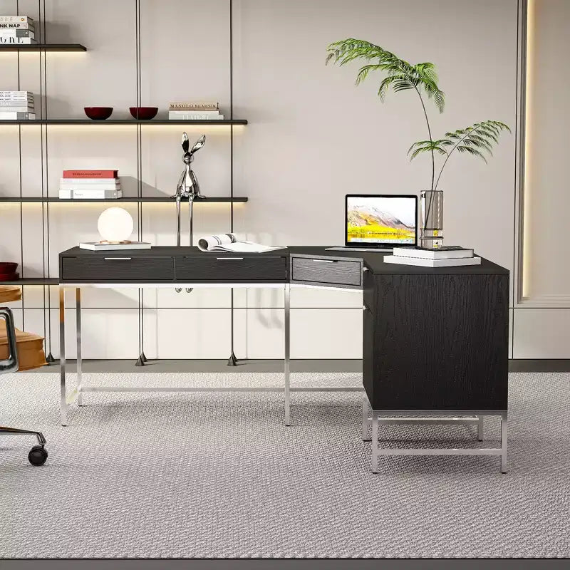 Bureau d'angle Hitow, pour la maison/le commerce, cadre en métal + 5 tiroirs + capacité de charge de 68 kg, bureau d'écriture d'angle