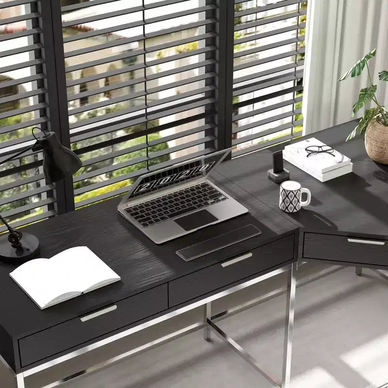 Bureau d'angle Hitow, pour la maison/le commerce, cadre en métal + 5 tiroirs + capacité de charge de 68 kg, bureau d'écriture d'angle