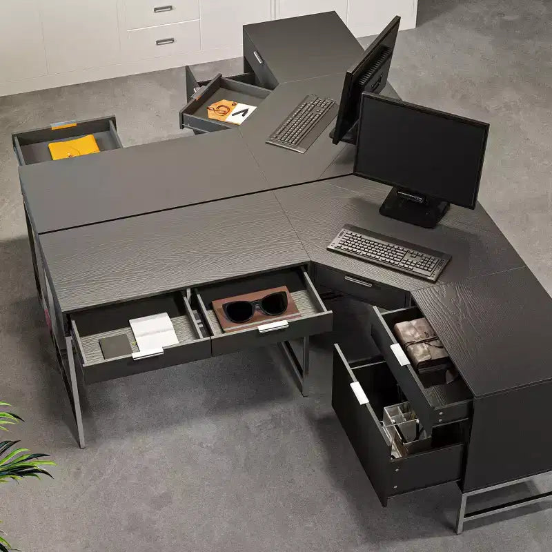 Bureau d'angle Hitow, pour la maison/le commerce, cadre en métal + 5 tiroirs + capacité de charge de 68 kg, bureau d'écriture d'angle
