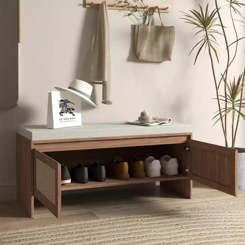 Banc de rangement pour chaussures d'entrée TUYOHW avec portes en similicuir tressé, siège d'entrée en bois avec coussin, armoire à chaussures anti-poussière pour chambre à coucher, salon, marron