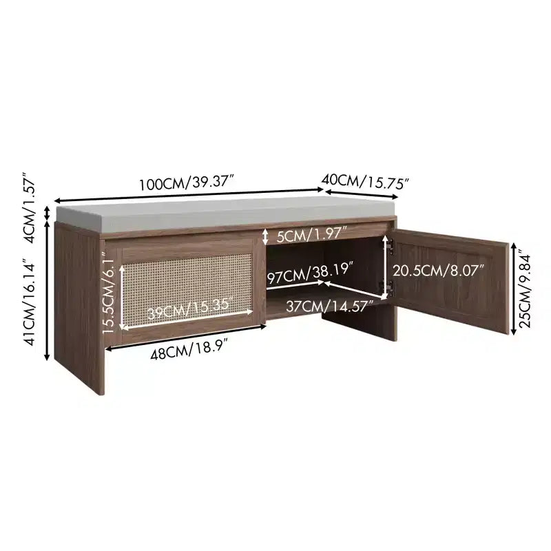 Banc de rangement pour chaussures d'entrée TUYOHW avec portes en similicuir tressé, siège d'entrée en bois avec coussin, armoire à chaussures anti-poussière pour chambre à coucher, salon, marron