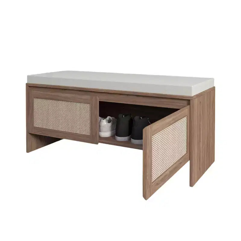 Banc de rangement pour chaussures d'entrée TUYOHW avec portes en similicuir tressé, siège d'entrée en bois avec coussin, armoire à chaussures anti-poussière pour chambre à coucher, salon, marron
