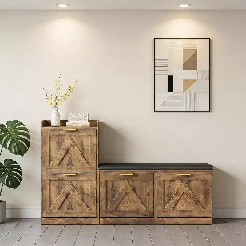 Meuble à chaussures de ferme avec banc et 4 tiroirs basculants, Armoire à chaussures avec banc et coussin confortable, Organiseur de chaussures d'entrée
