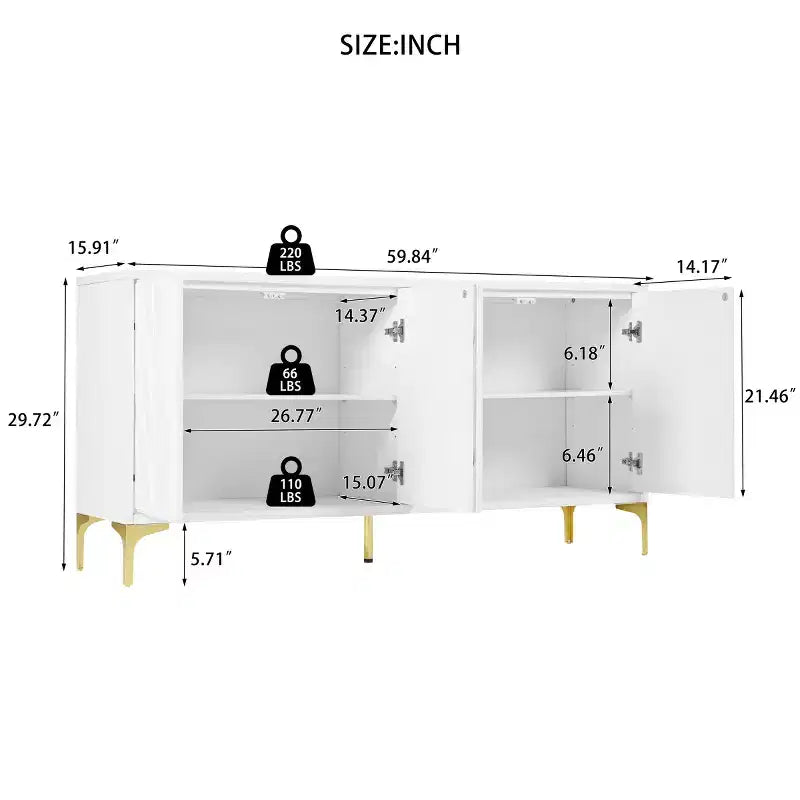 Bahut Buffet Moderne Blanc de 60 po, Enfilade en Bois à 4 Portes avec Texture de Paume Sculptée 3D et Pieds Dorés - Panipeachy