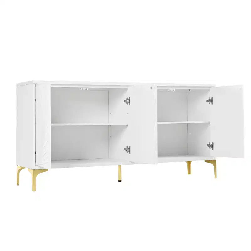 Bahut Buffet Moderne Blanc de 60 po, Enfilade en Bois à 4 Portes avec Texture de Paume Sculptée 3D et Pieds Dorés - Panipeachy