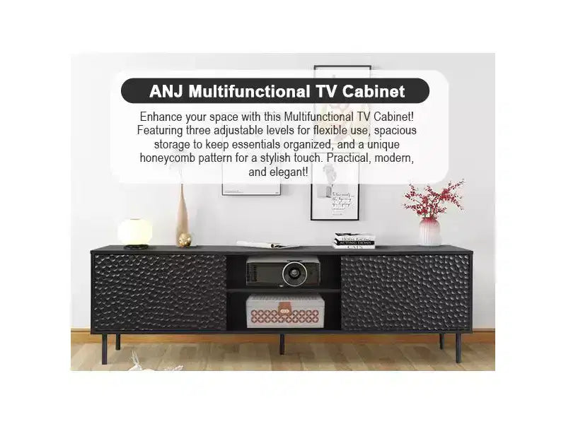 Meuble TV Moderne Bestier avec Étagères Réglables et Motif Nid d'Abeille