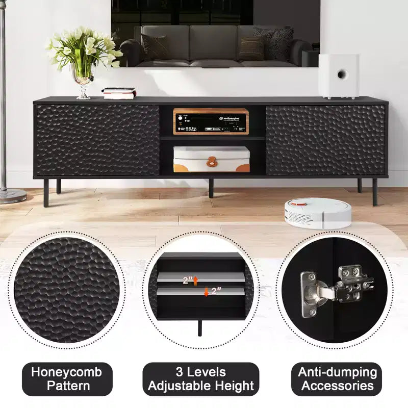 Meuble TV Moderne Bestier avec Étagères Réglables et Motif Nid d'Abeille