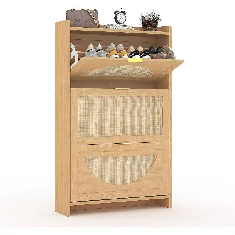 Meuble à chaussures en rotin avec 3 tiroirs basculants, meuble à chaussures étroit autoportant avec portes en rotin, étagère à chaussures en bois pour entrée