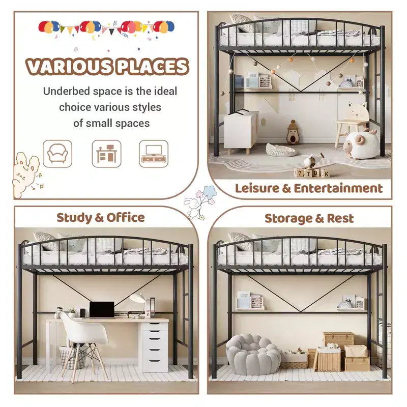 Lit mezzanine compact pour chambre à coucher - Construction métallique robuste - Lattes en acier solides - Design moderne pour enfants, adolescents et adultes