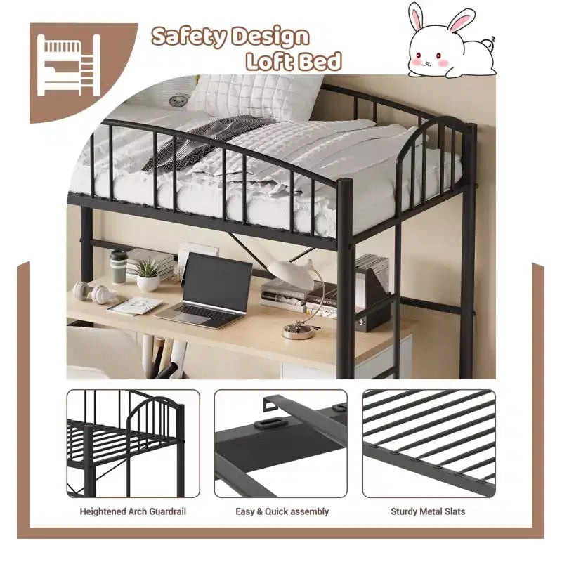 Lit mezzanine compact pour chambre à coucher - Construction métallique robuste - Lattes en acier solides - Design moderne pour enfants, adolescents et adultes