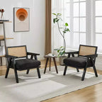 Fauteuil de ferme en bois avec accoudoirs, dossier en rotin et coussin en lin pour salon, chambre à coucher