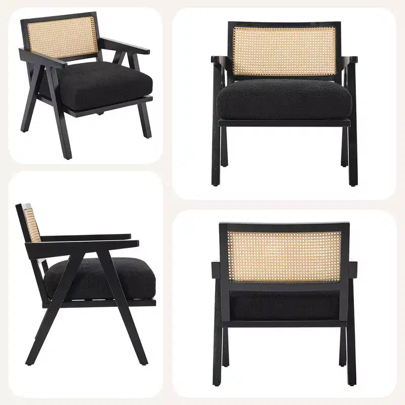 Fauteuil de ferme en bois avec accoudoirs, dossier en rotin et coussin en lin pour salon, chambre à coucher