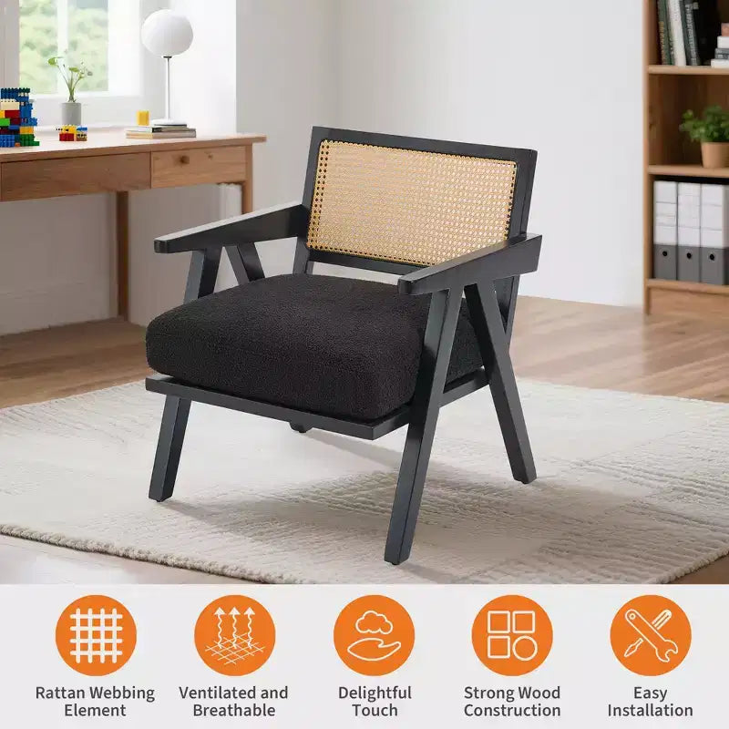 Fauteuil de ferme en bois avec accoudoirs, dossier en rotin et coussin en lin pour salon, chambre à coucher