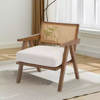 Fauteuil de ferme en bois avec accoudoirs, dossier en rotin et coussin en lin pour salon, chambre à coucher