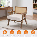 Fauteuil de ferme en bois avec accoudoirs, dossier en rotin et coussin en lin pour salon, chambre à coucher