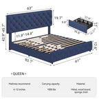 Cadre de lit plateforme en similicuir avec 4 tiroirs de rangement, tête de lit réglable, aucun sommier tapissier requis, taille Queen (bleu)