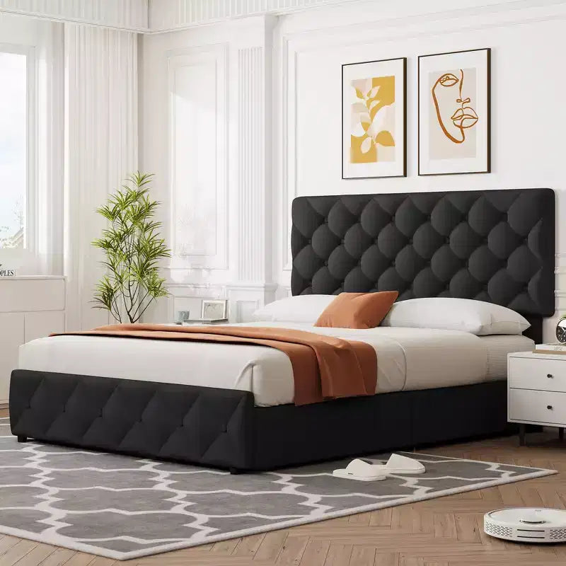 Cadre de lit plateforme en similicuir avec 4 tiroirs de rangement, tête de lit réglable, aucun sommier tapissier requis, taille Queen (bleu)
