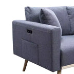 Fauteuil d'appoint TUYOHW, fauteuil en tissu de lin gris avec coussin décoratif, ports de chargement USB, poches latérales, pieds en bois massif, fauteuil simple pour salon.