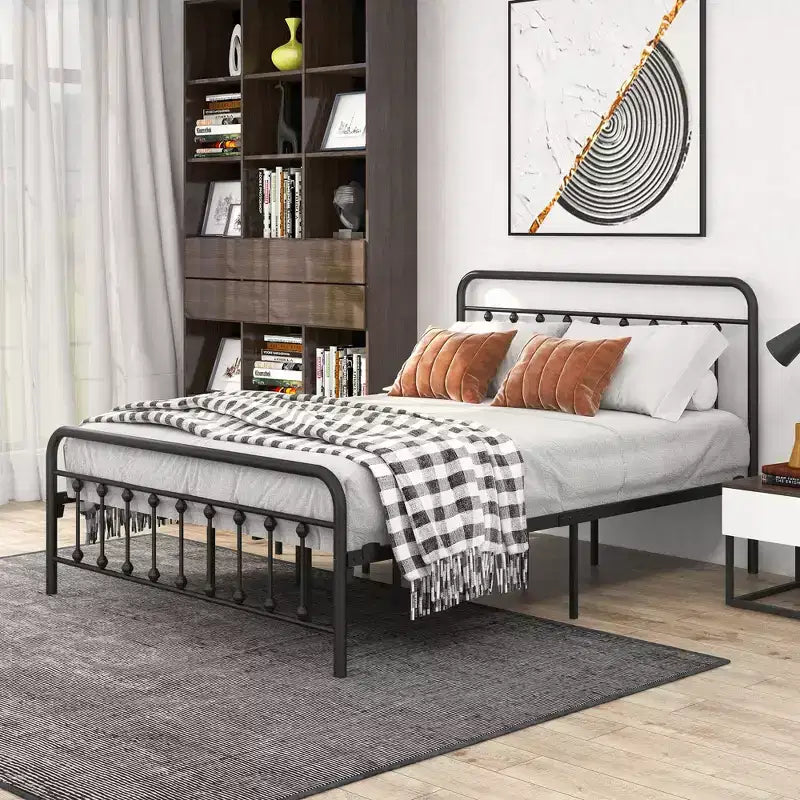 MAYEERTY Lit double plateforme en métal avec tête et pied de lit, rangement sous le lit, sommier tapissier non requis, noir