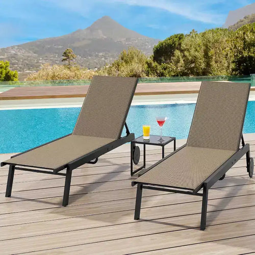 Acekool 2 Patio Chaise Lounge Chairs with Side Table, Adjustable Reclining Outdoor Lounger Set with Wheels, for Poolside, Garden, Yard, Brown