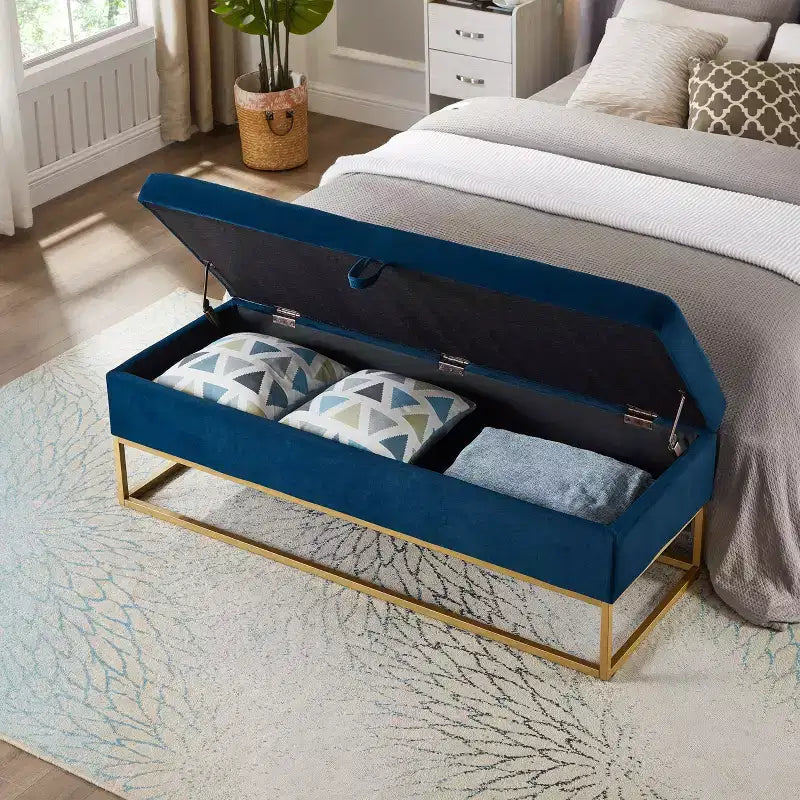 Banc de rangement Okak 58.6 avec base en métal et grand espace de rangement, banc d'entrée capitonné, banc de bout de lit pour salon, chambre à coucher