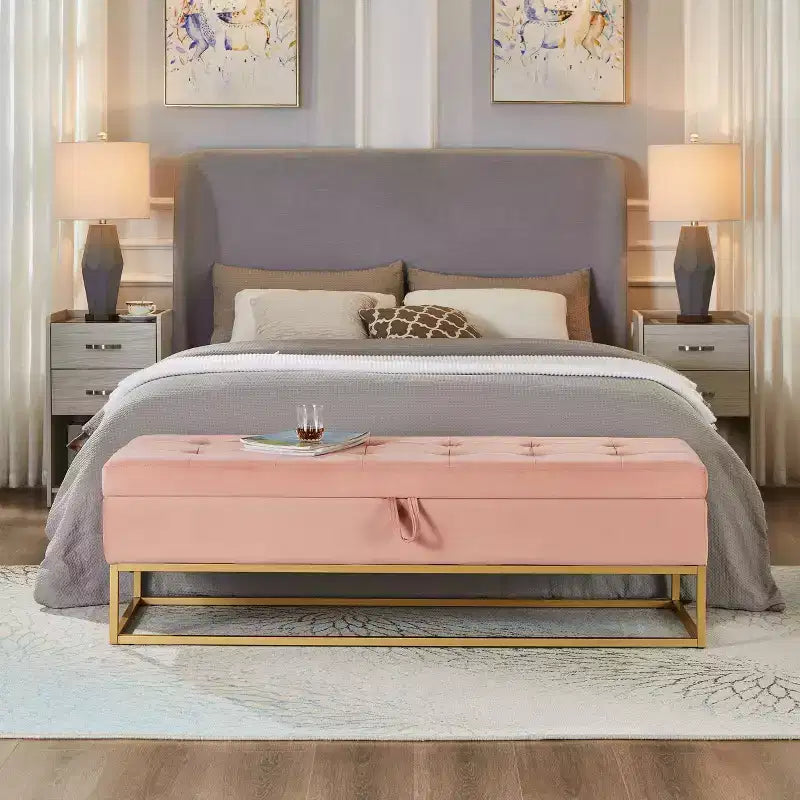 Banc de rangement Okak 58.6 avec base en métal et grand espace de rangement, banc d'entrée capitonné, banc de bout de lit pour salon, chambre à coucher