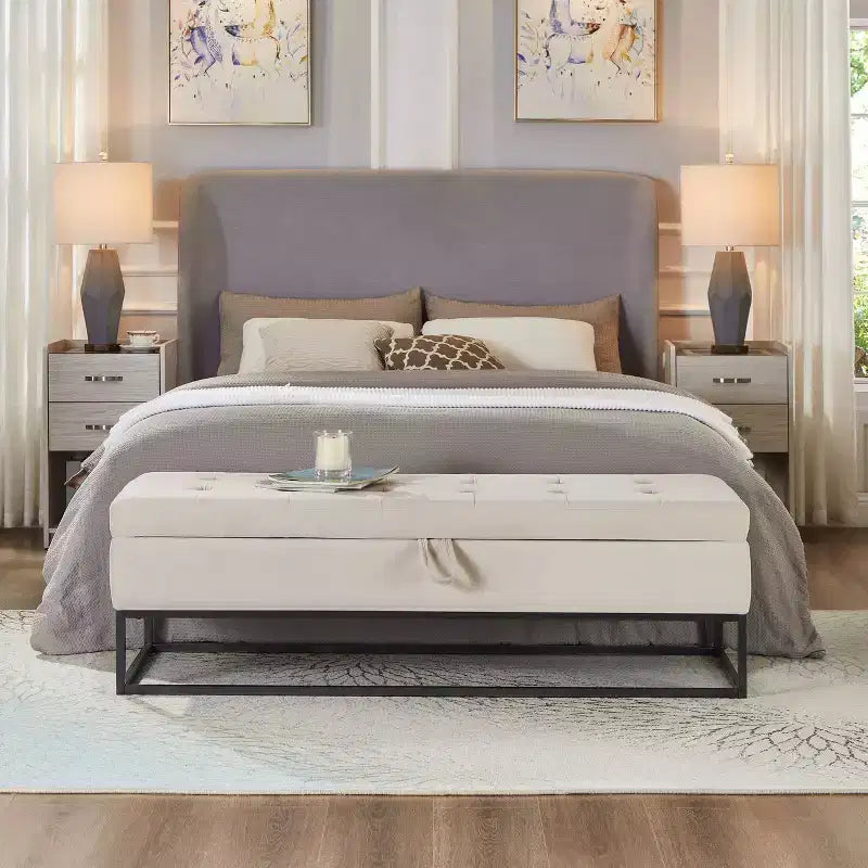 Banc de rangement Okak 58.6 avec base en métal et grand espace de rangement, banc d'entrée capitonné, banc de bout de lit pour salon, chambre à coucher