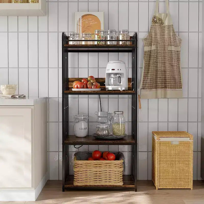 Étagère de Cuisine Acekool avec Étagères Réglables et Roues, Chariot à Micro-Ondes à 4 Niveaux avec Prise Électrique Optionnelle pour Rangement Domestique
