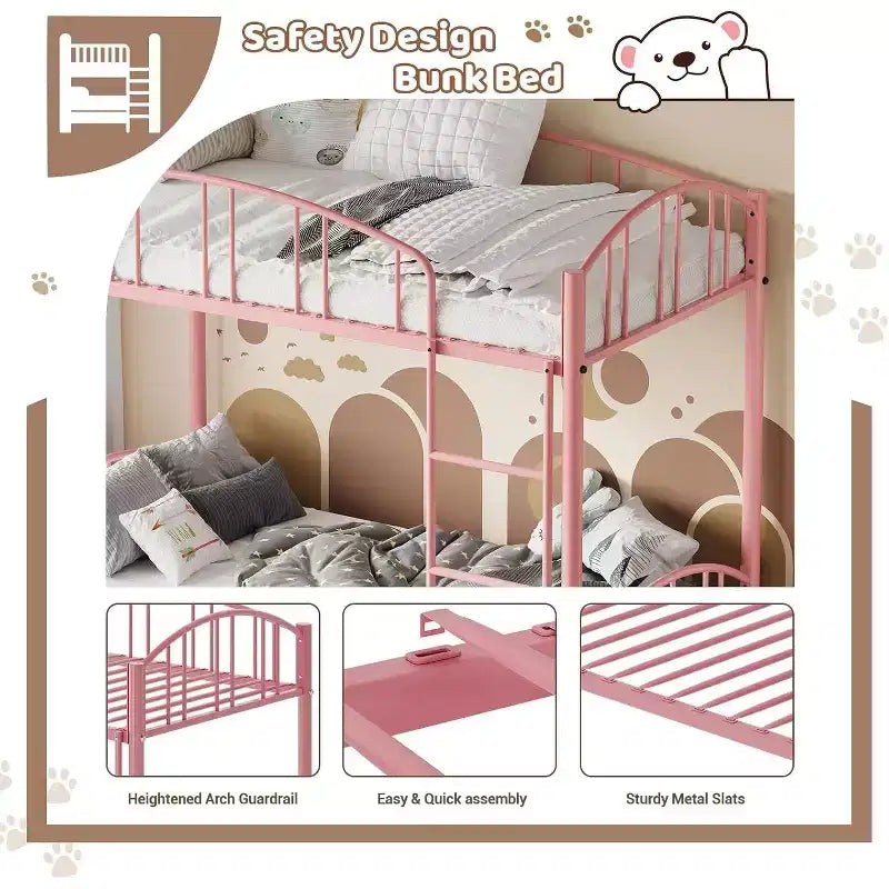 Lit superposé jumeau sur jumeau avec échelle, barrière arquée, lattes en acier robuste – Lit superposé rose compact pour enfants, aucun sommier tapissier requis.
