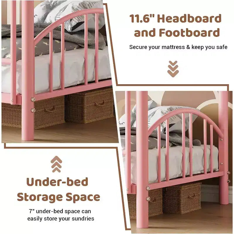 Lit superposé jumeau sur jumeau avec échelle, barrière arquée, lattes en acier robuste – Lit superposé rose compact pour enfants, aucun sommier tapissier requis.