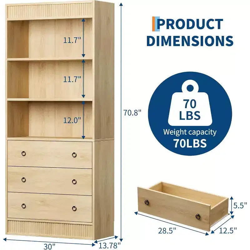 Bibliothèque cannelée avec tiroirs, étagère haute à 6 niveaux avec armoire de rangement, étagère ouverte à design ondulé pour salon, garde-manger de cuisine
