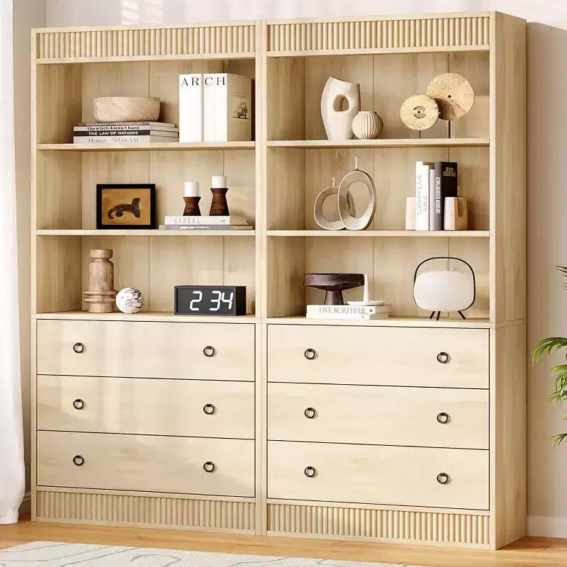 Bibliothèque cannelée avec tiroirs, étagère haute à 6 niveaux avec armoire de rangement, étagère ouverte à design ondulé pour salon, garde-manger de cuisine