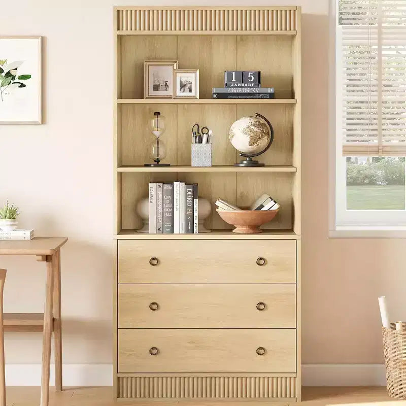 Bibliothèque cannelée avec tiroirs, étagère haute à 6 niveaux avec armoire de rangement, étagère ouverte à design ondulé pour salon, garde-manger de cuisine