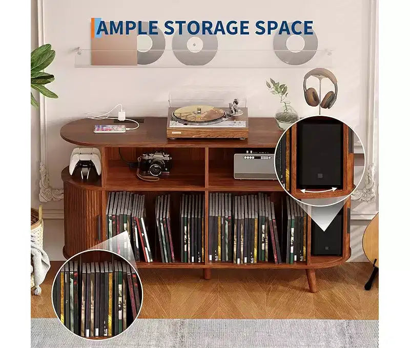 Meuble tourne-disque cannelé Mid-Century Modern Grand meuble de rangement pour vinyles, étagères ouvertes, table de platine pour salon