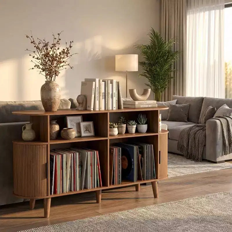 Meuble tourne-disque cannelé Mid-Century Modern Grand meuble de rangement pour vinyles, étagères ouvertes, table de platine pour salon
