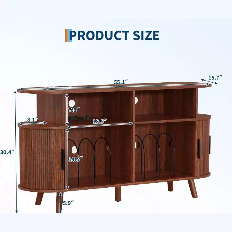 Meuble tourne-disque cannelé Mid-Century Modern Grand meuble de rangement pour vinyles, étagères ouvertes, table de platine pour salon