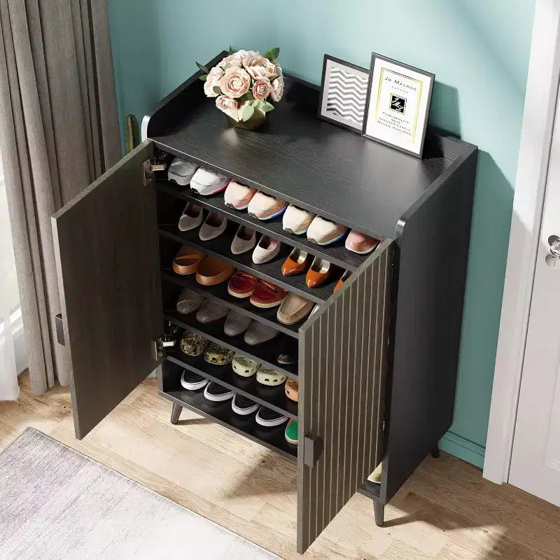 Meuble à chaussures Lantine avec portes, étagère à chaussures à 7 niveaux avec étagères réglables, organisateur de rangement à chaussures en bois pour entrée, placard, salon, gris