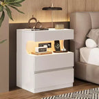 Table de chevet LED intelligente avec contrôle par application | 3 tiroirs et étagère en U | Station de charge USB/CA | Table de chevet moderne blanche pour chambre à coucher
