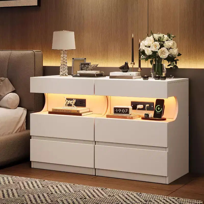 Table de chevet LED intelligente avec contrôle par application | 3 tiroirs et étagère en U | Station de charge USB/CA | Table de chevet moderne blanche pour chambre à coucher