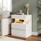 Table de chevet LED intelligente avec contrôle par application | 3 tiroirs et étagère en U | Station de charge USB/CA | Table de chevet moderne blanche pour chambre à coucher